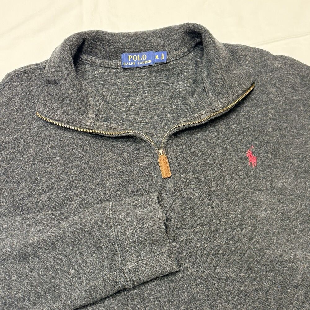 Polo Ralph Lauren Men's XL Luxury Quarter-Zip Pullover  Heather Gray Leather Tab